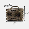 A camouflage-patterned portable speaker shown with dimension arrows and text indicating 12 inches wide, 10.25 inches tall, and 10 lbs, on a light gray background.