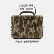A rugged rectangular hard case with a tan, brown, and black camouflage-style pattern, shown on a light gray background with handwritten text reading 'LISTEN FOR THE CLICK' and 'FULLY WATERPROOF.' No person, animal, or real environment is present, so this is Product/Packaging rather than Lifestyle.