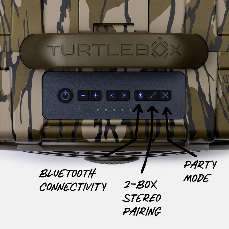 Close-up of a TURTLEBOX electronic device showing the front control panel with labeled callouts for Bluetooth connectivity, 2-BOX stereo pairing, and party mode, over a camouflage-patterned surface.