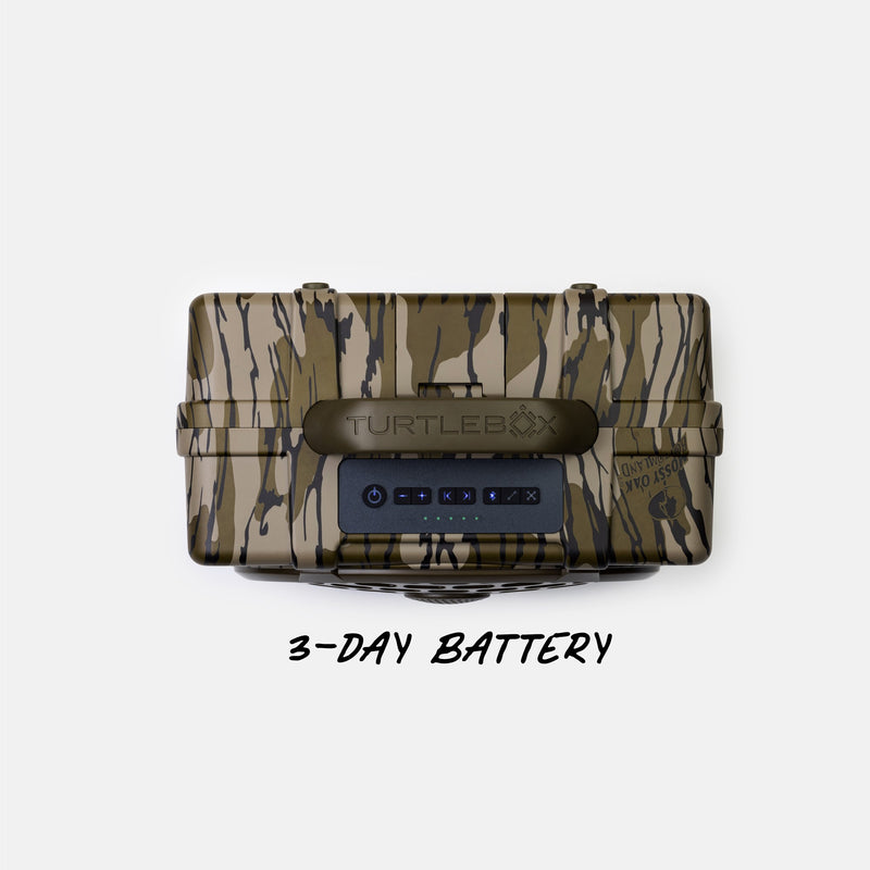 A Turtlebox portable power station with a green and brown camouflage pattern, featuring a black front battery display panel and a strap across the middle. The text '3-DAY BATTERY' is written below the product on a light gray background.