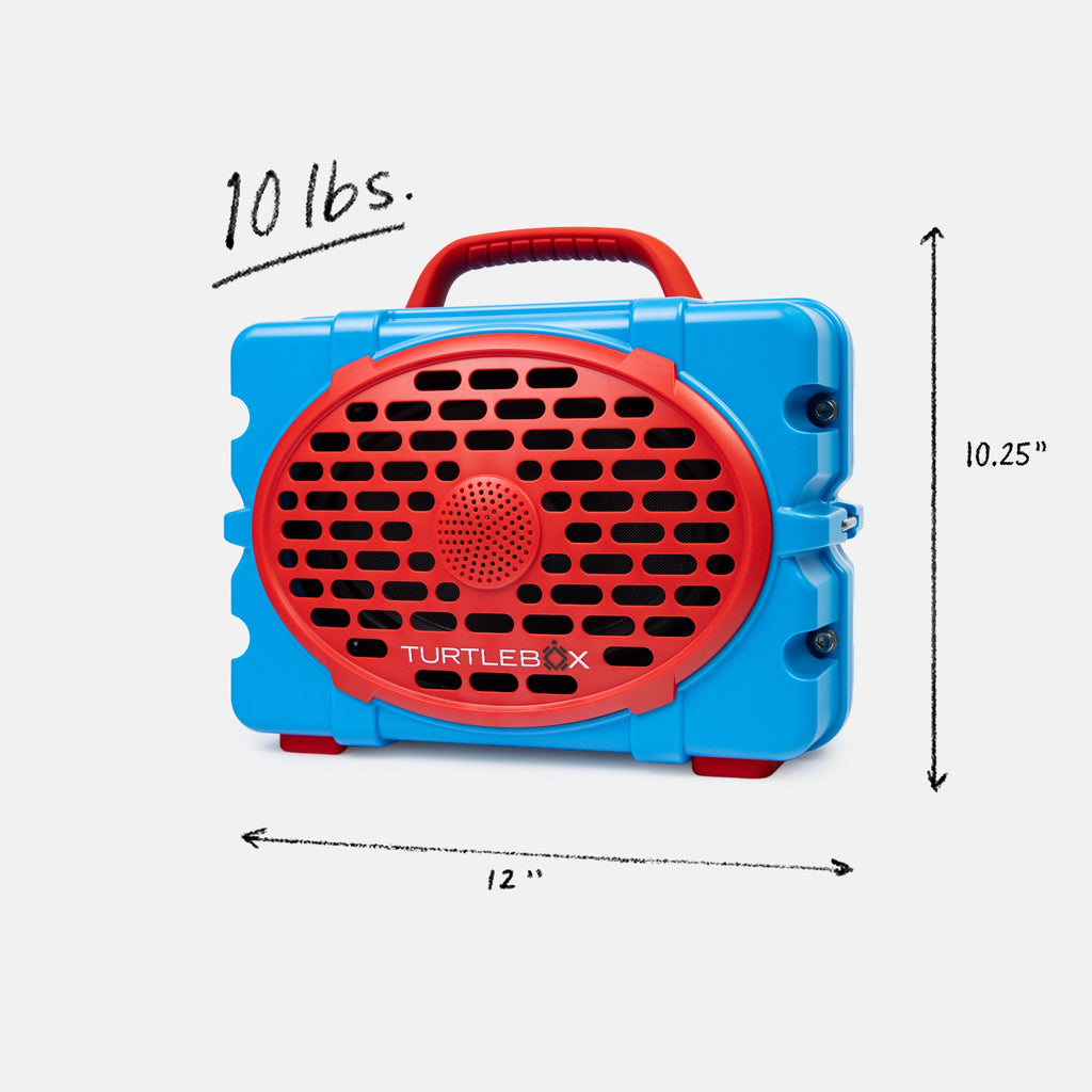 Powder Blue & Red Ole-Miss speaker front with measures information, 10lbs, 12 by 8.75 inches #speaker-color_powder-blue-red-gameday-series