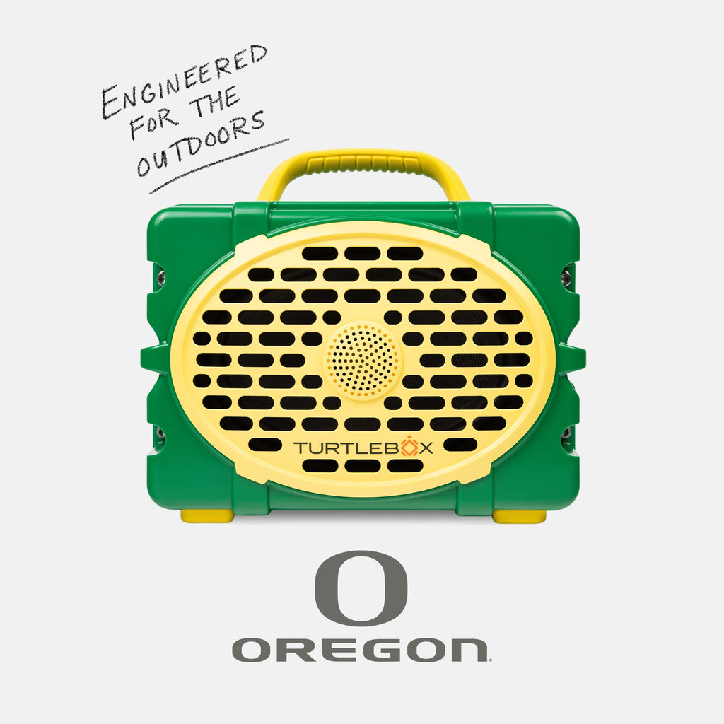 Green & Yellow Oregon speaker front with measures information, 10lbs, 12 by 8.75 inches #speaker-color_green-yellow-gameday-series