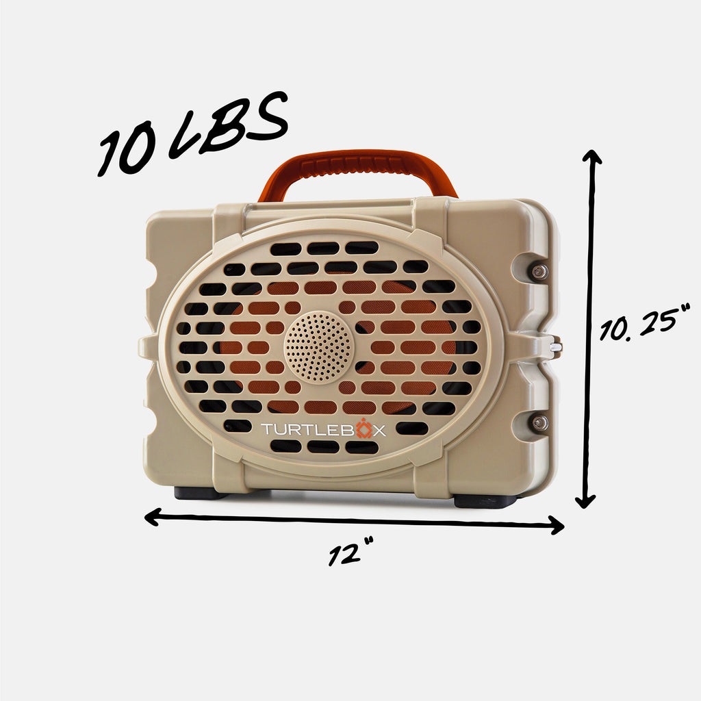 Original Gen 3 Western variant Tan and Burnt Orange Quarter View with 10 lbs and dimensions 10.25" x 12" labels #speaker-color_western