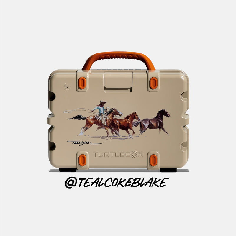 Original Gen 3 Western variant Tan and Burnt Orange Back View with the Teal Blake art and @tealcokeblake label #speaker-color_western