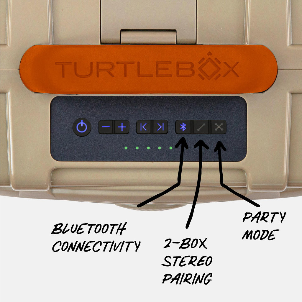 Original Gen 3 Western variant Tan and Burnt Orange Top Macro View with panel and Bluetooth connectivity, 2-Box Stereo Pairing and Party Mode labels #speaker-color_western