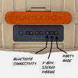 Original Gen 3 Western variant Tan and Burnt Orange Top Macro View with panel and Bluetooth connectivity, 2-Box Stereo Pairing and Party Mode labels #speaker-color_western