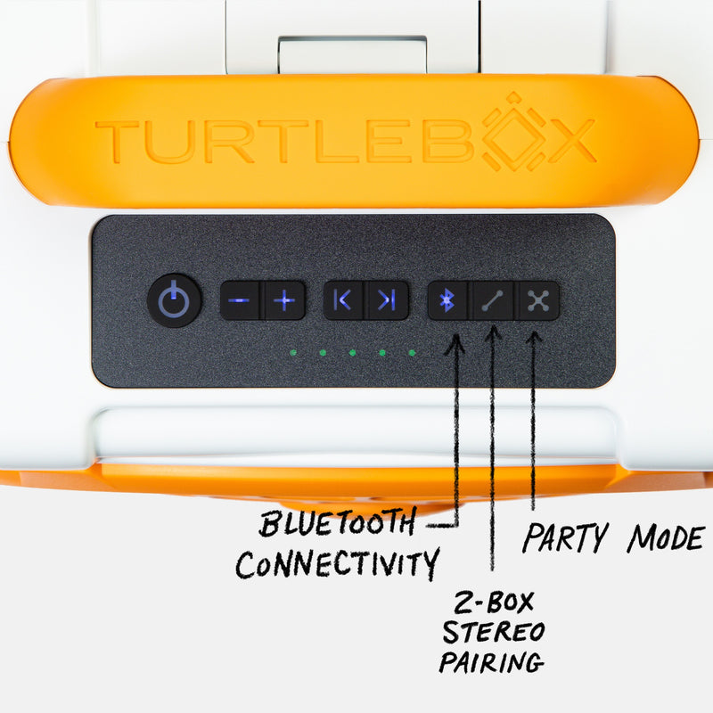 White & Orange Tennesse Original speaker top view showing control panel, with information showing Bluetooth Connectivity, 2 Box Stereo pairing and Party Mode #speaker-color_white-orange-gameday-series