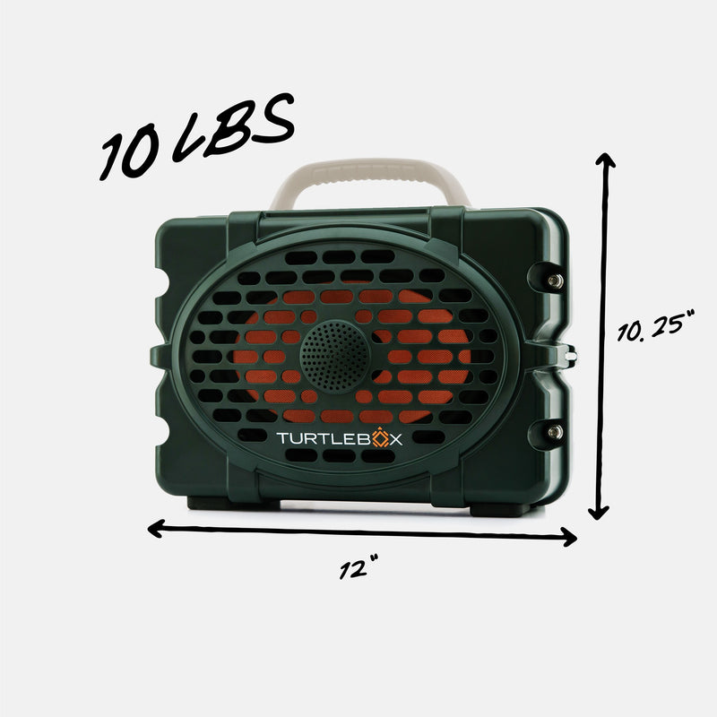 Turtlebox Bass Artist Series speaker with dimensions and weight label on a white background #base-color_bass-artist-series