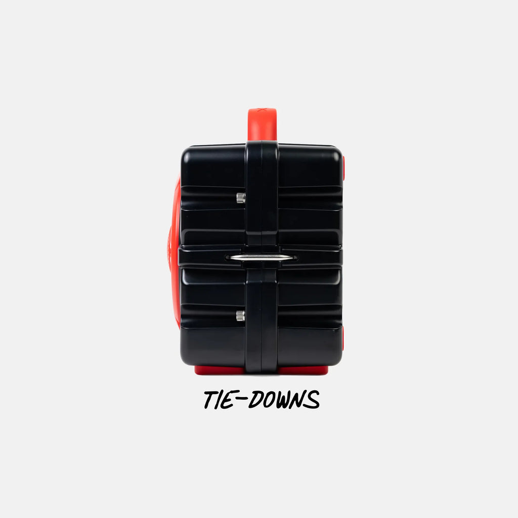 A black hard-shell suitcase shown from the back, featuring a bright red handle and side detail, with a black strap across the center and the text 'TIE-DOWNS' printed below on a light gray background.