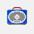 A blue and white portable speaker with a red handle, branded TURTLEBOX, shown against a light gray background.