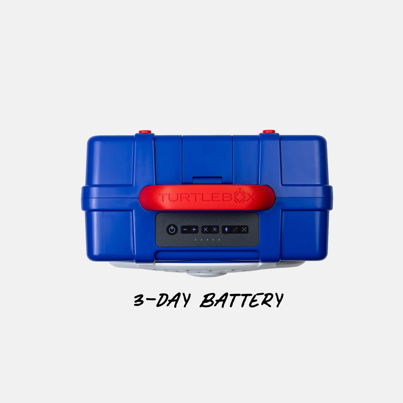 A blue hard-shell portable battery case with a red handle and a front charging port panel, shown on a light gray background with the text '3-DAY BATTERY' below.