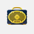 A portable Turtlebox speaker with a navy blue plastic body and bright yellow accents, including a handle, front grille, and small feet, shown against a light gray background.