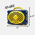 A Turtlebox portable speaker shown on a light gray background with dimension arrows and text indicating 12 inches wide, 10.25 inches tall, and 10 lbs.