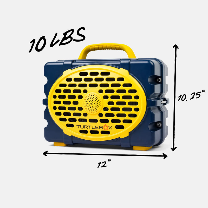 A Turtlebox portable speaker shown on a light gray background with dimension arrows and text indicating 12 inches wide, 10.25 inches tall, and 10 lbs.