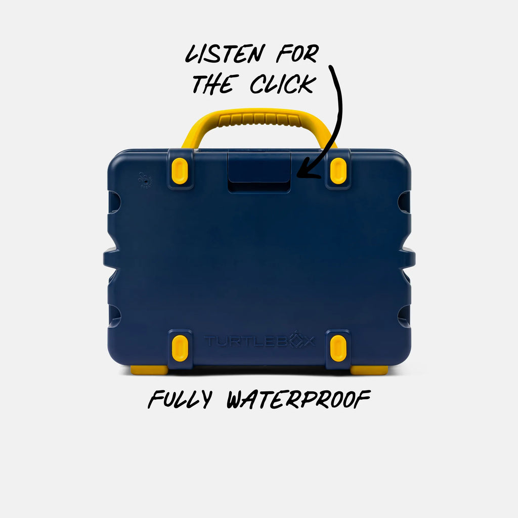 A dark blue hard-shell carrying case with yellow accents and a top handle, shown on a light gray background with overlaid text reading 'LISTEN FOR THE CLICK' and 'FULLY WATERPROOF.' The product itself is the case; the text is promotional overlay rather than a separate instruction diagram.