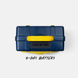 A navy hard-shell portable power station case with bright yellow accents and a front digital display, shown on a light gray background with the text '3-DAY BATTERY' underneath.