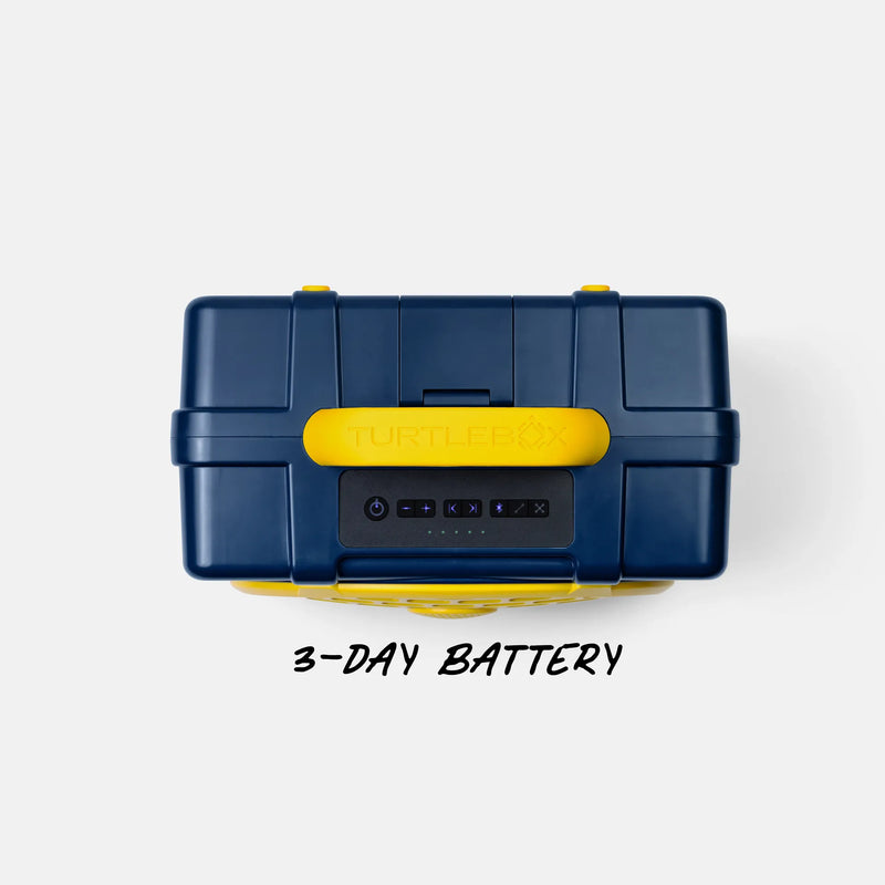 A navy hard-shell portable power station case with bright yellow accents and a front digital display, shown on a light gray background with the text '3-DAY BATTERY' underneath.