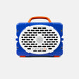 A blue and white portable speaker with an orange handle, branded TURTLEBOX, shown against a light gray background.