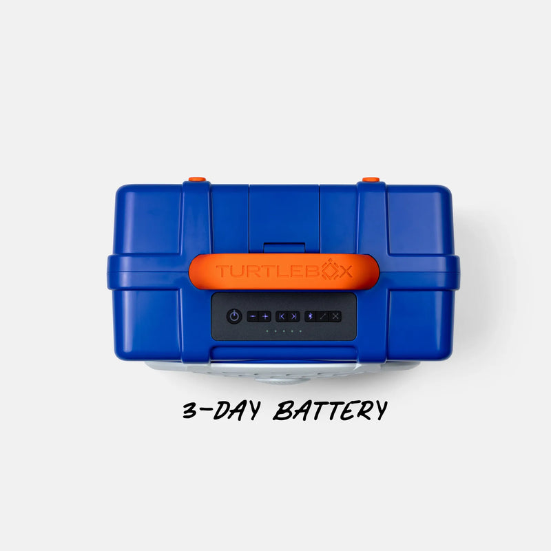 A blue hard-shell portable battery case with an orange handle and a front power display panel, shown from a top-down view on a light gray background with the text '3-DAY BATTERY' below.