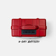 A red hard-sided portable power station with a black front battery display panel and the TURTLEBOX logo, shown from above on a light gray background with the text '3-DAY BATTERY' below.