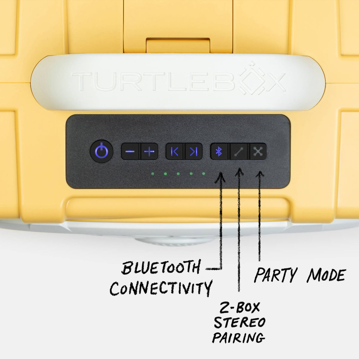 Control panel of a yellow Turtle Beach speaker with labeled buttons. #base-color_fighting-lady-yellow