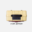 A top-down view of a yellow hard-shell portable power station with a black handle and a black front control panel. The text '3-DAY BATTERY' is written below in black script.