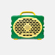 A green and yellow portable speaker case by TurtleBox, featuring a yellow handle, yellow front grille, and black speaker grilles, shown against a light gray background.
