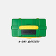 A green Turtlebox portable battery case with a yellow handle and black front display panel, shown on a light gray background with the text '3-DAY BATTERY' below.