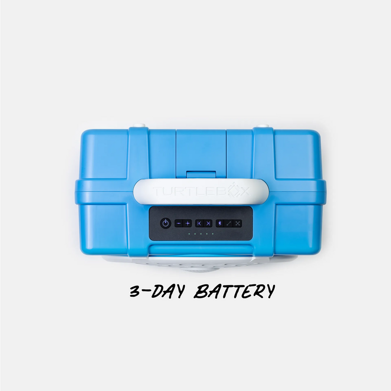 A bright blue hard-shell battery case with a white handle and a black power panel on the front, shown from above on a light gray background. Black text below reads '3-DAY BATTERY'.