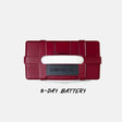 A top-down view of a deep red portable power station with a white handle and a black battery status display, shown on a light gray background with the text '3-DAY BATTERY' underneath.