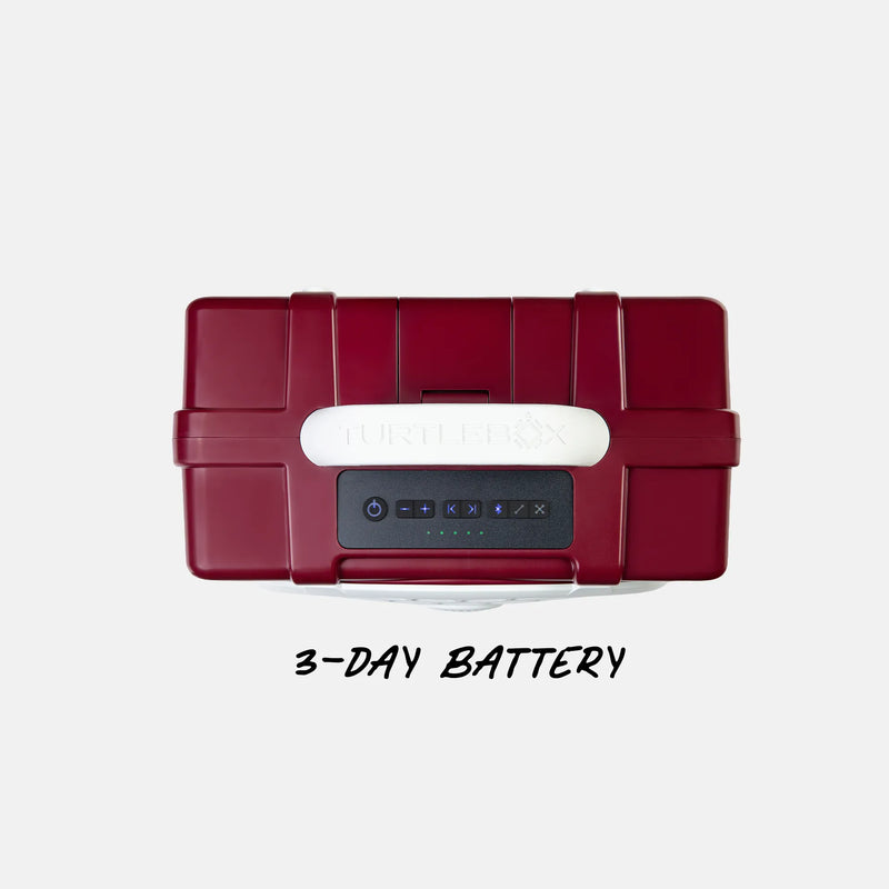 A top-down view of a deep red portable power station with a white handle and a black battery status display, shown on a light gray background with the text '3-DAY BATTERY' underneath.