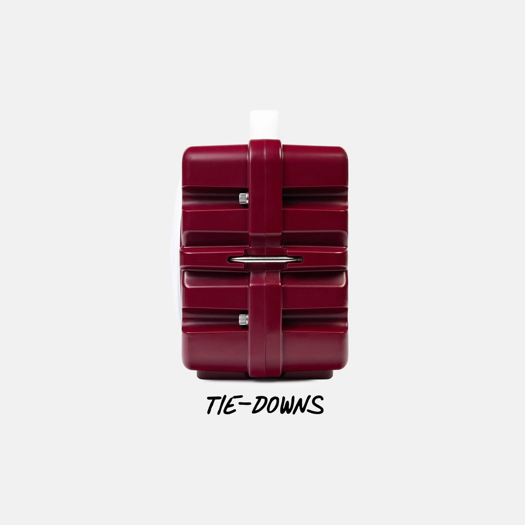 A dark red tie-down luggage strap system shown on a light gray background with the text 'TIE-DOWNS' underneath.