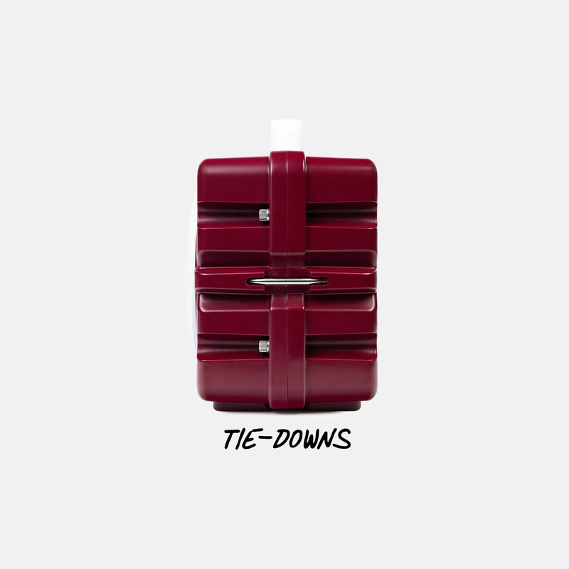 A dark red tie-down luggage strap system shown on a light gray background with the text 'TIE-DOWNS' underneath.
