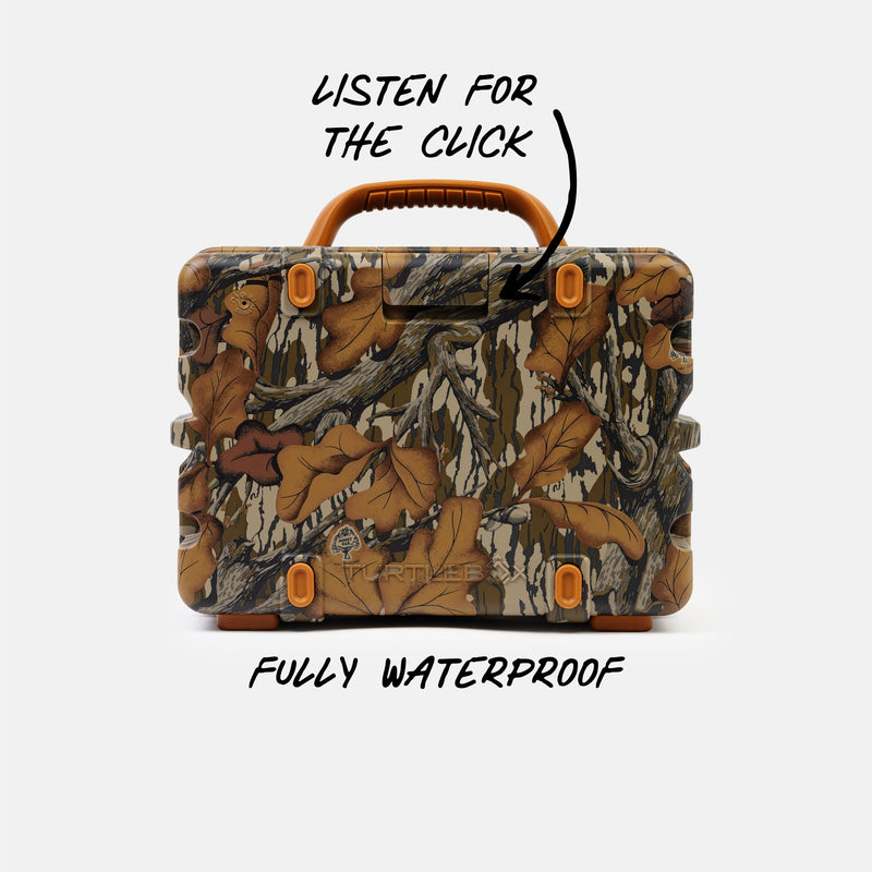 A camouflage hard case with a top handle, shown on a light gray background with text overlays reading 'LISTEN FOR THE CLICK' and 'FULLY WATERPROOF'.