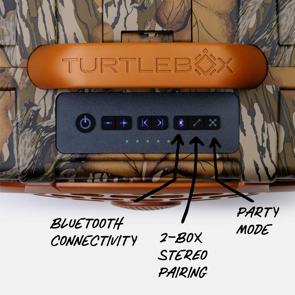 Close-up of a TURTLEBOX electronic control panel mounted on camouflage-patterned packaging or a case, with black arrows and labels pointing to Bluetooth connectivity, 2-box stereo pairing, and party mode controls.