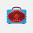 A blue and red portable speaker with a handle, shown from the front on a light gray background. The brand name 'TURTLEBOX' is printed on the red speaker grille.