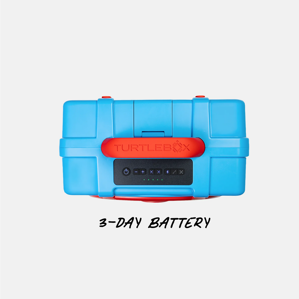 A bright blue hard-shell portable power station case with a red front handle and a black control panel, shown on a light gray background with the text '3-DAY BATTERY' below.