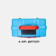 A bright blue hard-shell portable power station case with a red front handle and a black control panel, shown on a light gray background with the text '3-DAY BATTERY' below.