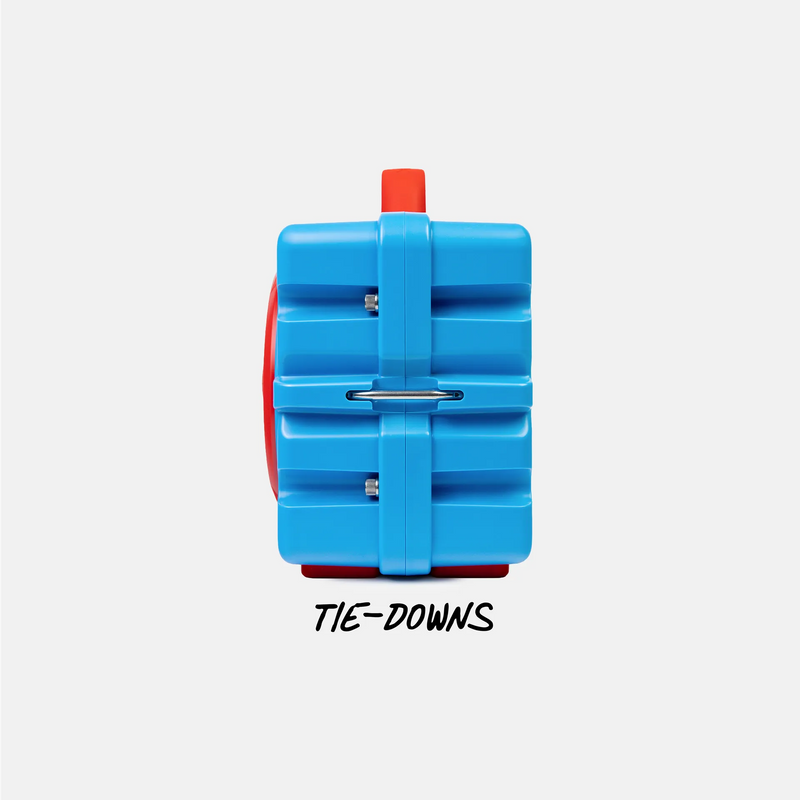 A blue and red plastic tie-down bag or utility case shown from the back on a light gray background, with the text 'TIE-DOWNS' printed below.