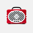 A red and white Turtlebox portable speaker with a black handle, shown against a light gray background.