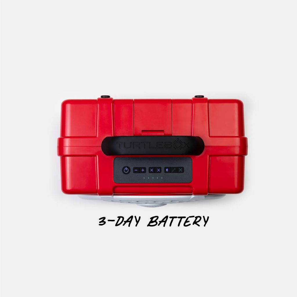A red hard-shell portable cooler or storage case with a black front handle and power panel, shown from above on a light gray background with the text '3-DAY BATTERY' below.