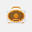 A portable Turtlebox speaker in white and bright orange, featuring a large oval front grille with the brand name printed on it, set against a clean light gray background.