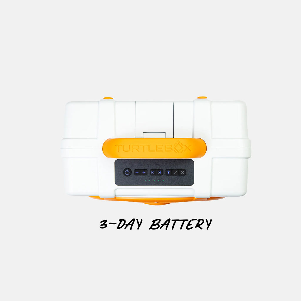 A white hard-shell portable power station case with bright orange accents and a front digital display, shown on a light gray background with the text '3-DAY BATTERY' underneath.