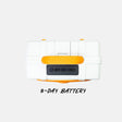 A white hard-shell portable power station case with bright orange accents and a front digital display, shown on a light gray background with the text '3-DAY BATTERY' underneath.