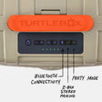 Whitetail Original speaker top view showing the panel with all buttons and highlighting the Bluetooth connectivity, 2-Box Stereo pairing, and Party mode. #speaker-color_whitetail-artist-series