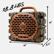TurtleBox portable speaker in a camouflage pattern with a brown handle and front grille, shown with black dimension lines and text indicating 18.8 lbs, 14" height, 24" width, and 8.