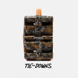 A camouflage-patterned multi-tiered storage container or organizer with a top handle and metal clips, shown on a light gray background with the text 'TIE-DOWNS' below.