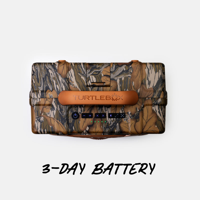 A TurtleBox portable power station with a brown and beige camouflage pattern, featuring a prominent brown handle and the brand name 'TURTLEBOX' on the front. The text '3-DAY BATTERY' is written below the product on a clean white background.