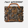 A rugged, waterproof hard case with a realistic brown and beige leaf-and-branch camouflage pattern, featuring a tan handle and orange accents, shown against a light gray background with text overlays.
