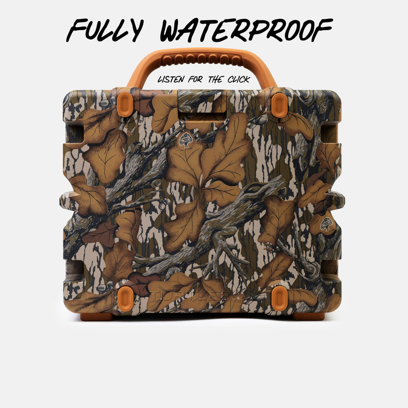 A rugged, waterproof hard case with a realistic brown and beige leaf-and-branch camouflage pattern, featuring a tan handle and orange accents, shown against a light gray background with text overlays.